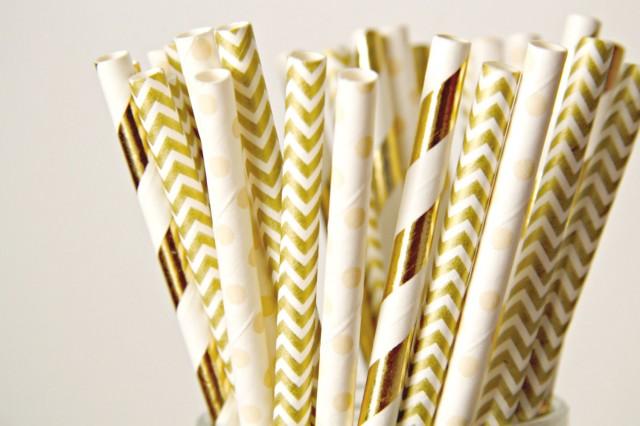 Paper Straws . Nude Cream and Gold Foil Stripes . Rustic Wedding Decor, Shabby chic decorations, New Years Eve, Gender Neutral Baby Shower