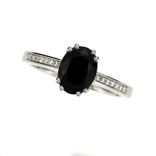 10% SALE Size 6, Black spinel and diamond solitaire engagement ring made from white gold, oval cut spinel, black engagement, gothic, unique