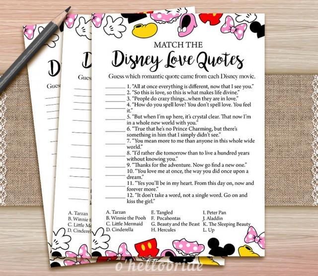 Disney Love Quotes Match Game - Printable Bridal Shower Love Quote Game  - Bridal Shower Party Game - Bachelorette Party Games 009