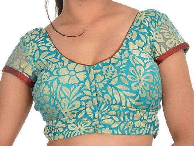 wedding photo - Readymade Partywear Blue Color Brocade Saree Blouse with beautiful flower - All Sizes