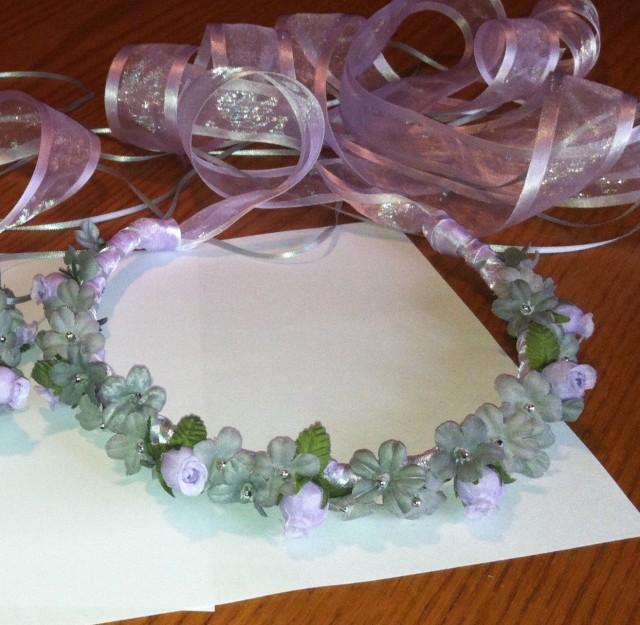 Flower Girl Crown - Mini Rosebud & Gypso Bridal Bridesmaid Floral Communion Ribbon Halo Wreath Garland lavender lilac grey gray C-Isabella