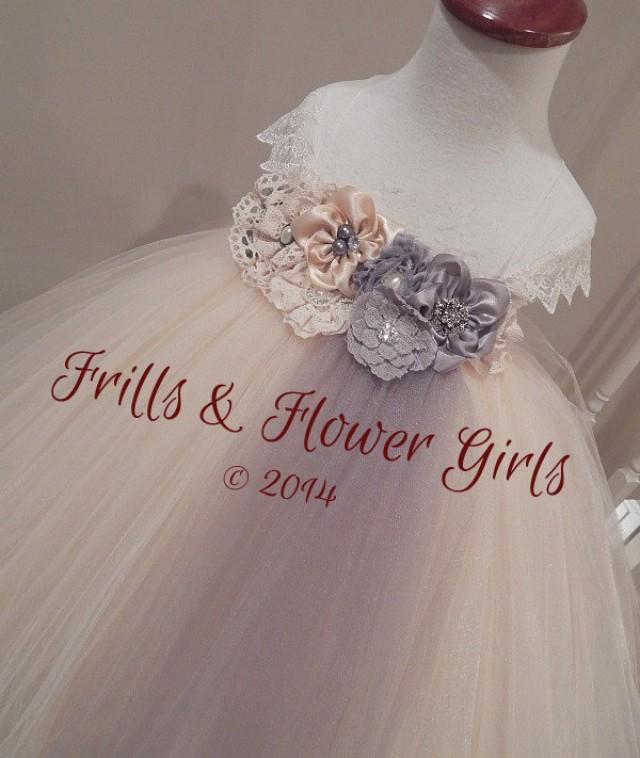 Champagne and Grey or Silver Hand-made Shabby Flower Tutu Dress for Flower Girls Sizes 2T, 3T, 4T up to Girls size 7