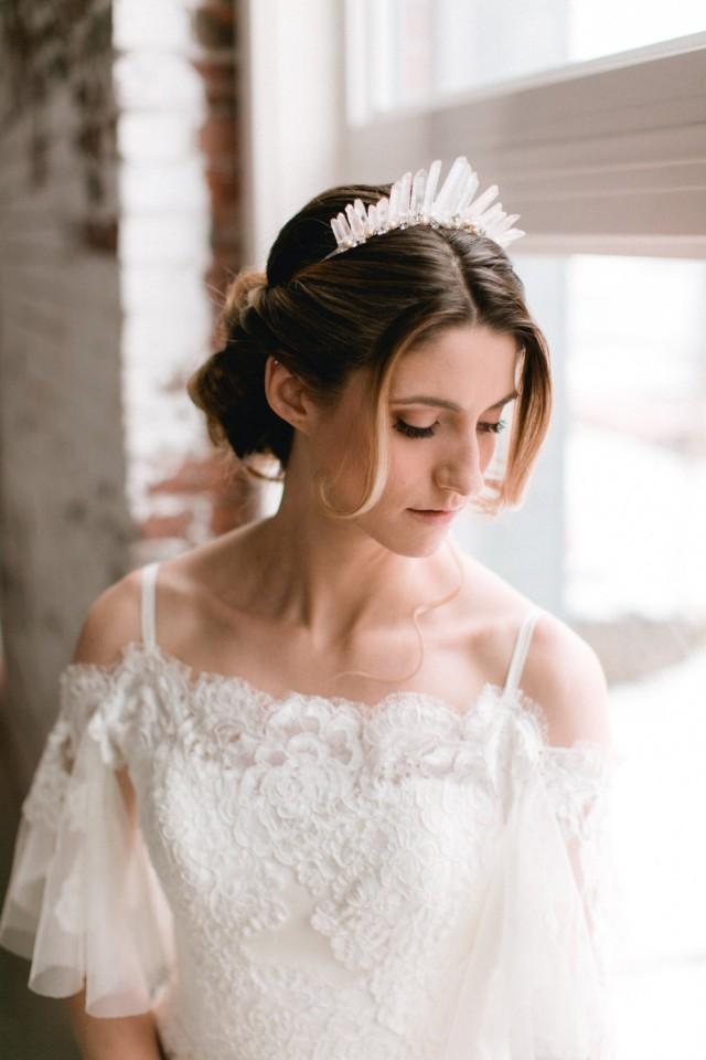 SOPHIA - glamorous rose quartz ombre bridal tiara, glam bohemian raw crystal wedding crown, boho modern bride headpiece