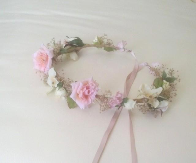 Little girl Floral crown pink ivory Dried Flower hair wreath Rustic Chic wedding accessorie Bridal party halo baby photo prop vintage style
