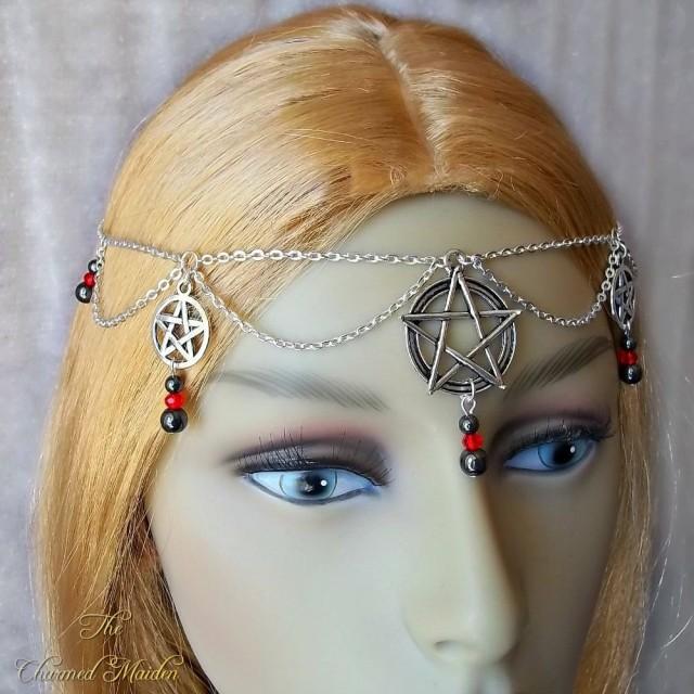 Pagan Circlet, Wiccan Headdress, Wicca Headpiece, Pentagram Head Chain, Gothic Head Chain, Pentacle Circlet, Wicca Jewellery, Hematite, Red