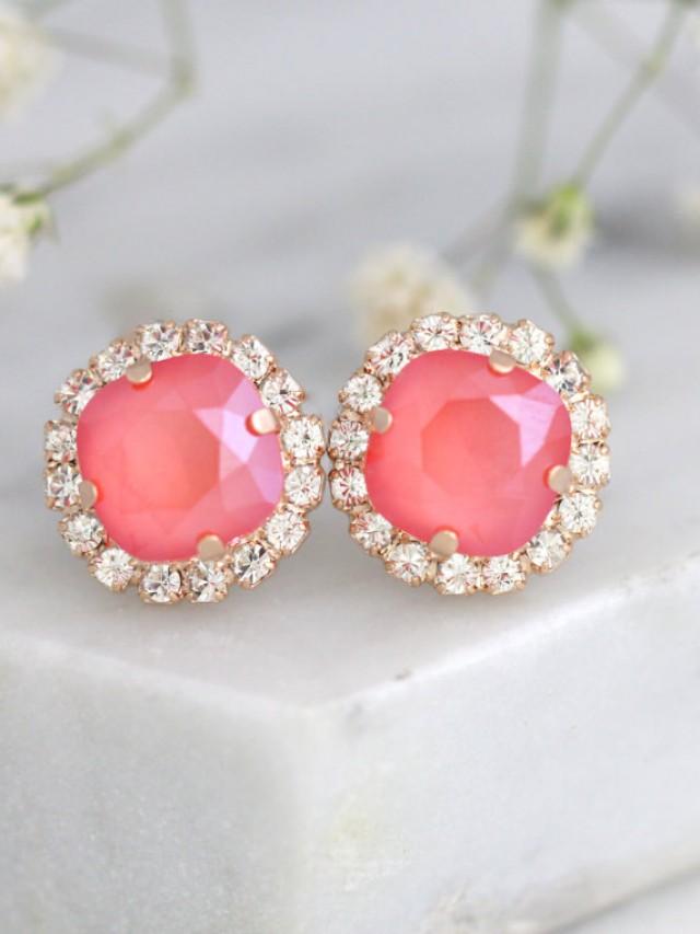 wedding photo - Coral Earrings, Bridal Coral Earrings, Peach Studs, Swarovski Crystal Coral Earrings, Bridesmaids Coral Earrings, Gift For her