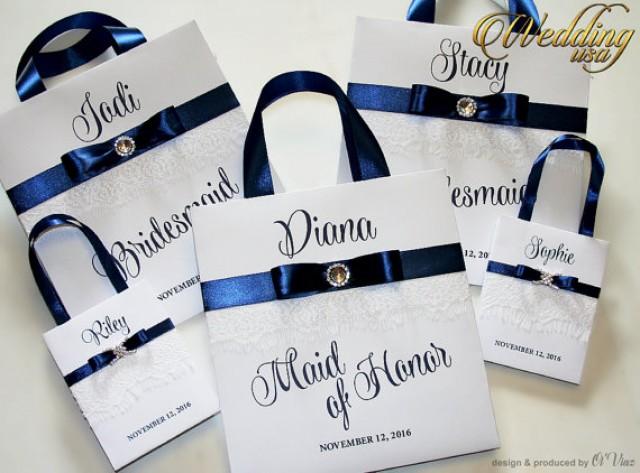 wedding photo - Personalized Bridesmaid Gift Bags with white lace Navy Blue ribbone and name Custom Bridesmaid Bachelorette bags Bridal Party Wedding Favors