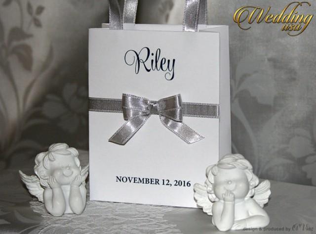 wedding photo - Small Personalized Bridesmaid Gift Bags with white lace, Silver ribbone and name Custom Bridesmaid Bachelorette bags Bridal Party favor bags