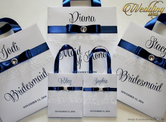 wedding photo - Small Personalized Bridesmaid Gift Bags with white lace Navy Blue ribbone and name Custom Bridesmaid Bachelorette bags Bridal Party Favors