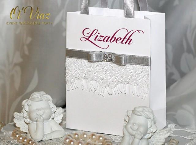 wedding photo - Small Personalized Bridesmaid Gift Bags with white lace, Silver ribbone and Burgundy name - Custom Bridesmaid Bachelorette bags Bridal Party