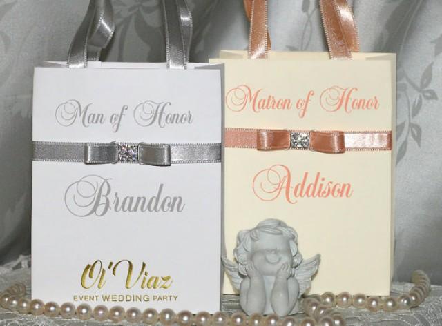 wedding photo - Small Silver & Peach Personalized Bridesmaid Gift Bags with ribbone and names Custom Bridesmaid Bachelorette bags Bridal favors Bridal Party