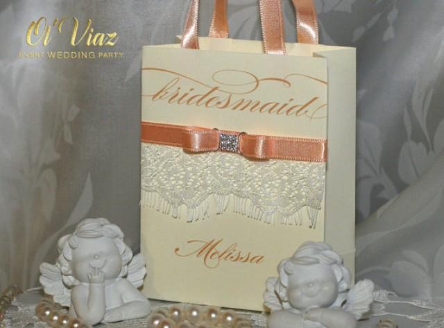 wedding photo - Avory Personalized Bridesmaid Gift Bags with lace ribbone and name - Custom Bridesmaid Bachelorette & Bridal Party paper Bags Weddings Gift