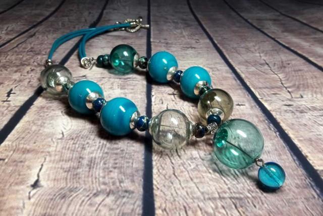 Lampwork Necklace Murano beads Lampwork beads handmade Lampwork Jewelry  Hollow balls leather cord Beads aqua gray turquoise dark turquoise.