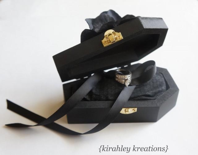 Wood Coffin Ring Bearer Box Wedding Ceremony Ring Pillow Til Death Do Us Part Halloween Gothic Engagement Proposal Casket Black Hydrangeas