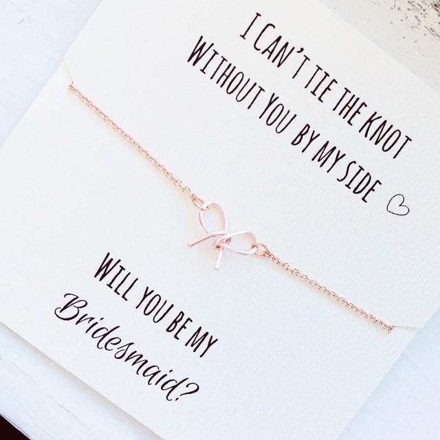 FREE SHIPPING, Will you be my bridesmaid, rose gold tie the knot necklace, rose gold bow necklace, tiny bow necklace, bridesmaid proposal