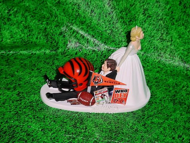 Cincinnati Bengals Football Fun Bride Pulling Groom to Church Funny Wedding Cake Topper- NFL Sports Fan Custom Groom&#39;s Cake toppers-1