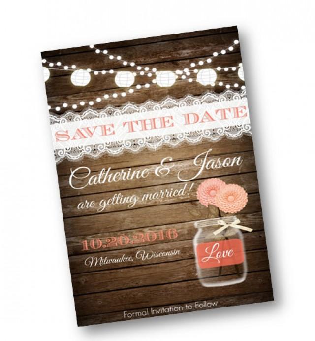 Coral Wedding Save the Date Coral Peach Wood Rustic mason jar card  string of lights rustic lace vintage shabby chic printable invitation