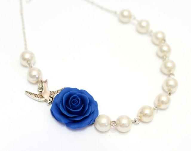 wedding photo - Bridesmaid Jewelry Blue rose, Blue Flower Necklace, For Her, Jewelry, Wedding White pearl, Blue rose Bridesmaid Jewelry, Bridesmaid Necklace