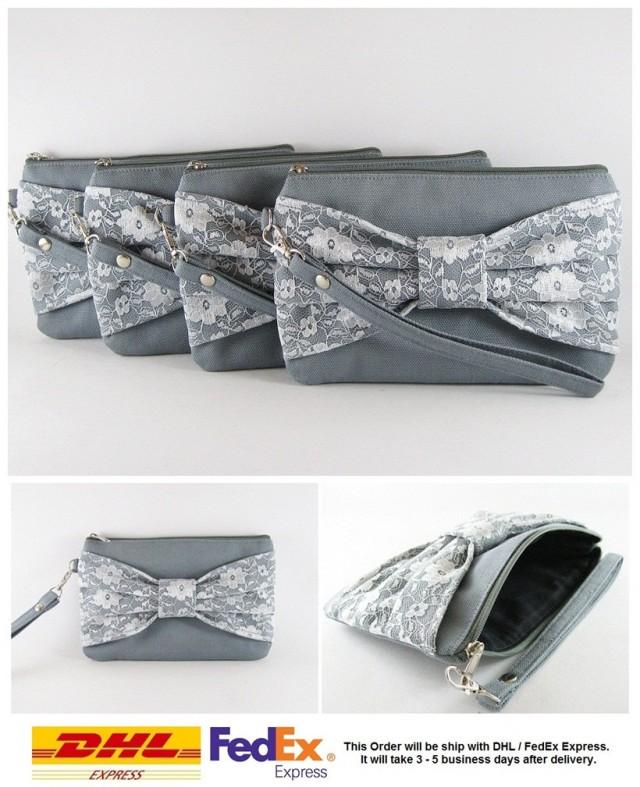 wedding photo - SUPER SALE - Set of 5 Gray Lace Bow Clutches - Bridal Clutches, Bridesmaid Clutches, Bridesmaid Wristlet, Wedding Gift - Made To Order