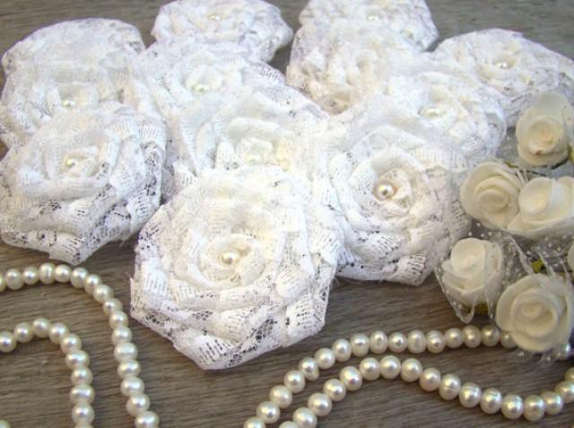 White Lace Flowers Set of 12 handmade fabric rosettes Wedding Decor Bridal Wedding Party Favor Rustic Wedding Bouquet Shabby Chic Roses