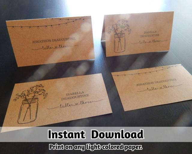 Wedding Place Card Printable - Placecard Template - Rustic Mason Jar & Fairy Lights 