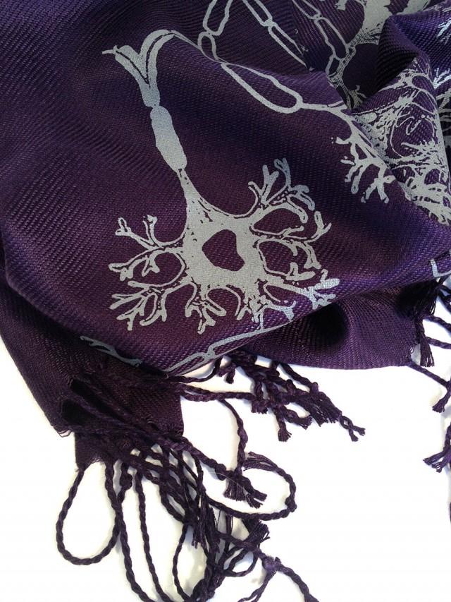 Nerve Cell scarf. &quot;Grey Matter.&quot; Dove gray axon & dendrite neuron print on your choice of pashmina colors. For men or women. Unisex.