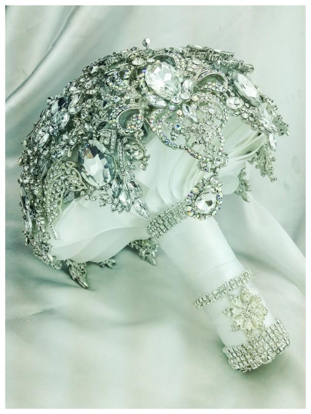 BROOCH BOUQUET. The Silver White Glam Gatsby Diamond Crystal Bling Brooch Bouquet. Deposit on Swarovski Diamond Jewelry Broach Bouquet