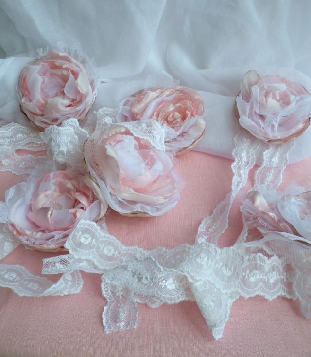 10 Wedding silk flowers, White Pink Fabric Wedding Flowers, Boho Wedding Flowers, Vintage Wedding Flowers, Shabby Elegant Wedding Flowers,