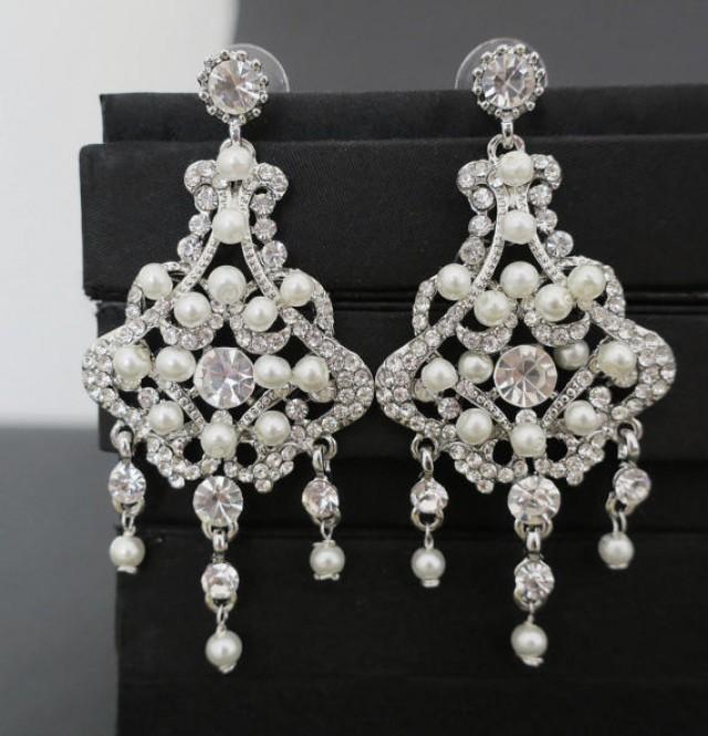 wedding photo - Chandelier Wedding Earrings Bridal Earrings Statement Bridal Earrings Art Deco Wedding Jewelry Pearl Crystal Earrings Great Gatsby Vintage
