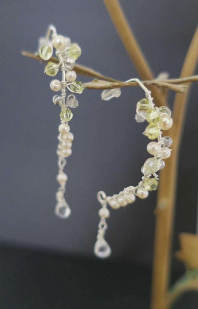 wedding photo - Pearl Crystal Earrings Sterling Silver Wedding Jewelry for Bridesmaids Pale Yellow Soft Grey Crystal Ivory Pearl Teardrop Bridal Earrings