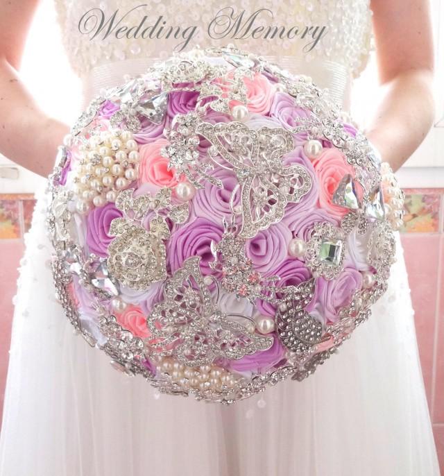BROOCH BOUQUET pink colour. Jeweled with silver brooches butterfly design.