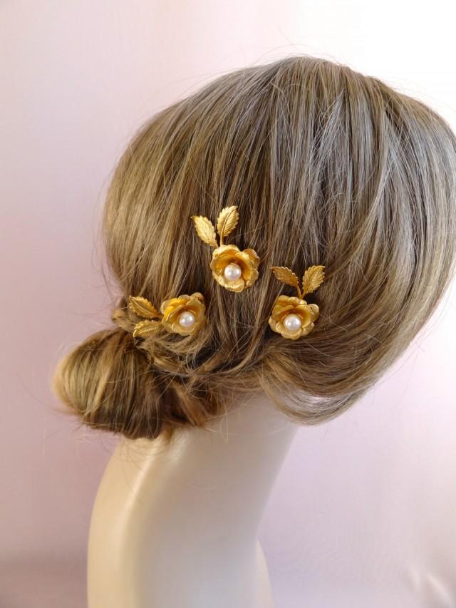 Bridal rose hair pin, bridal headpiece, wedding headpiece, 18k gold wedding hair jewelry, mini wedding hair pin,  Style 319
