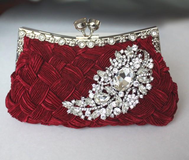Burgundy Bridal Clutch - satin purse w/  Swarovski big Crystal feather brooch