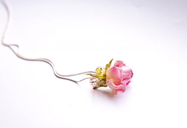Organic jewelry pink, real rose necklace, Tiny flower pendant, Gift for women, Rose gift for her, Girlfriend gift rose, Mother Birthday gift