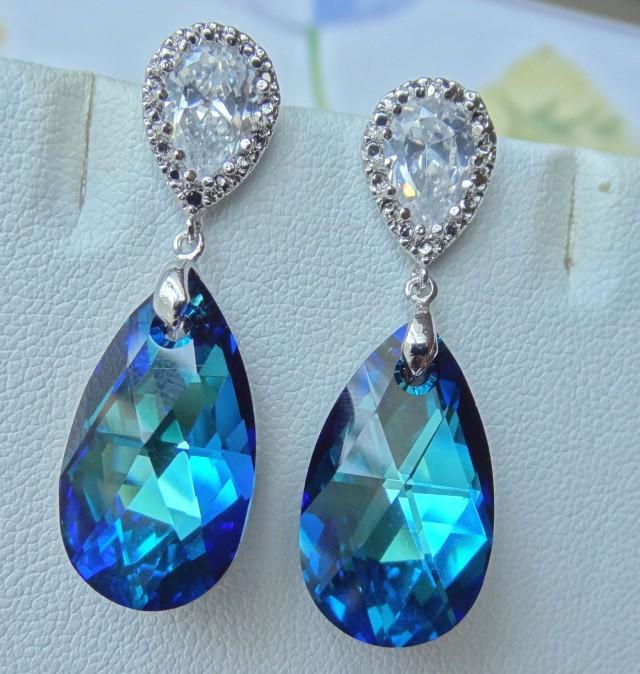 Swarovski Crystals Bermuda Blue Peacock with Cubic Ziconia Post Sterling Silver Earrings, Bridesmaids Bride Bridal Earrings- Free Shipping