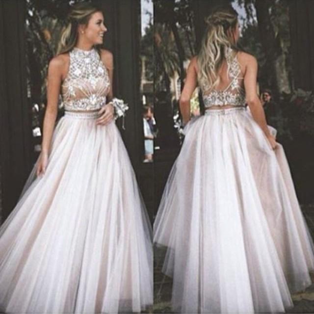 wedding photo - Sexy Two Piece Prom/Homecoming Dress - High Neck Tulle with Rhinestone