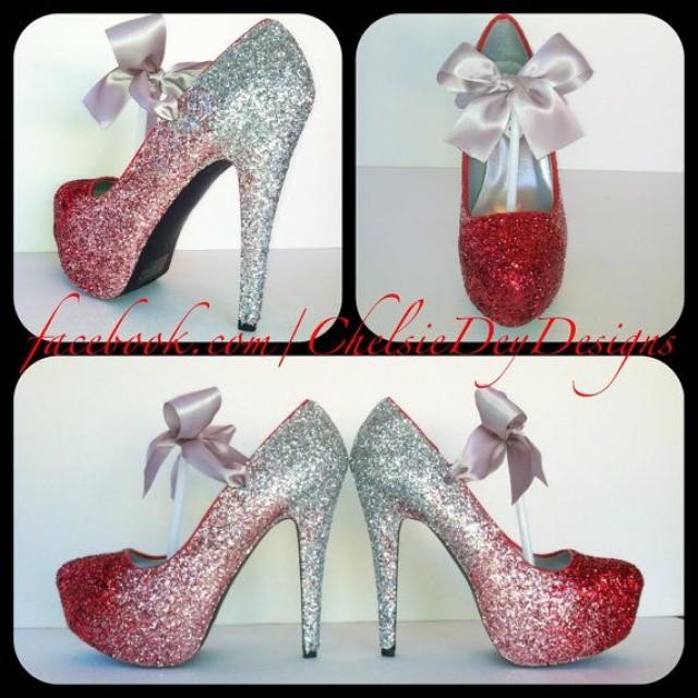 Glitter High Heels - Red Pink Silver Pumps - Cherry Ombre Platform Shoes - Silver Satin Bows