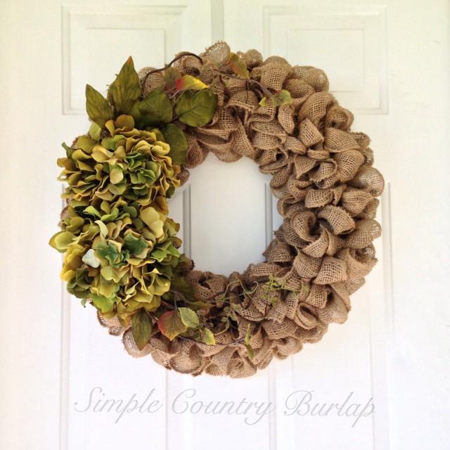 Shabby Chic burlap wreath accented with red orange or cream hydrangeas and greenery