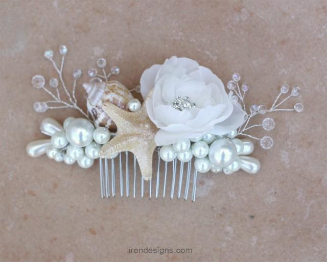 Beach Wedding Comb. Seashell Starfish Pearls Crystals & Flower Hair Comb