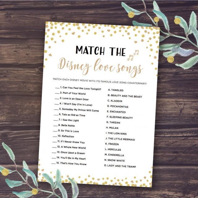 Disney Bridal Shower Games, Match the Disney Love Songs Game, Instant Download, Wedding Shower, Romantic Quotes, Bachelorette Party, Gold