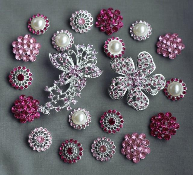 20 Pink Rhinestone Button Brooch Assorted Embellishment Pearl Crystal Brooch Bouquet Supply Light Rose Fuchsia Hot Pink BT154