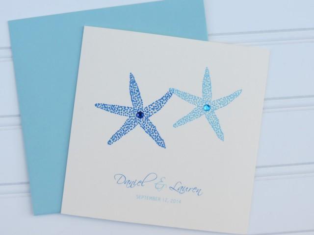 Blue Starfish Beach Coastal Custom Wedding Congratulations Card Personalized with Matching Seal, Envelope and Postage Stamp