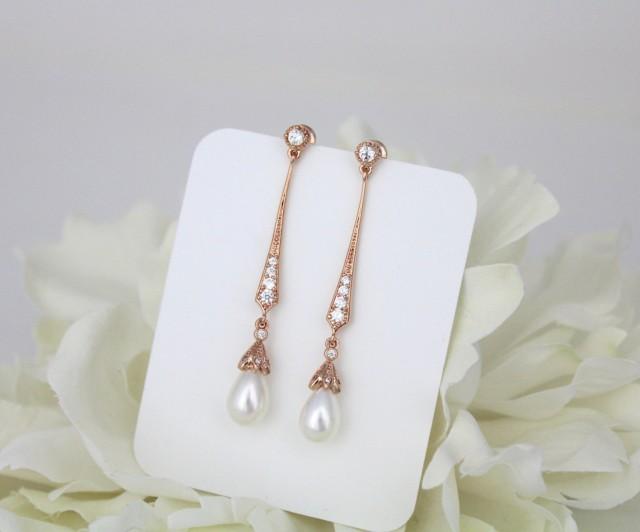 wedding photo - Long rose gold earrings, Long Bridal earrings, Art Deco earrings, Pearl drop earrings, Wedding jewelry, Freshwater pearl earrings, Vintage