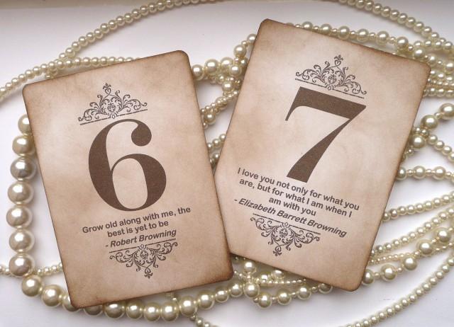Wedding Table Numbers, Vintage Table Numbers, Quotes Table Numbers, Amaretto Wedding, Vintage Wedding Signs, Wedding Place Cards, Favor Tags