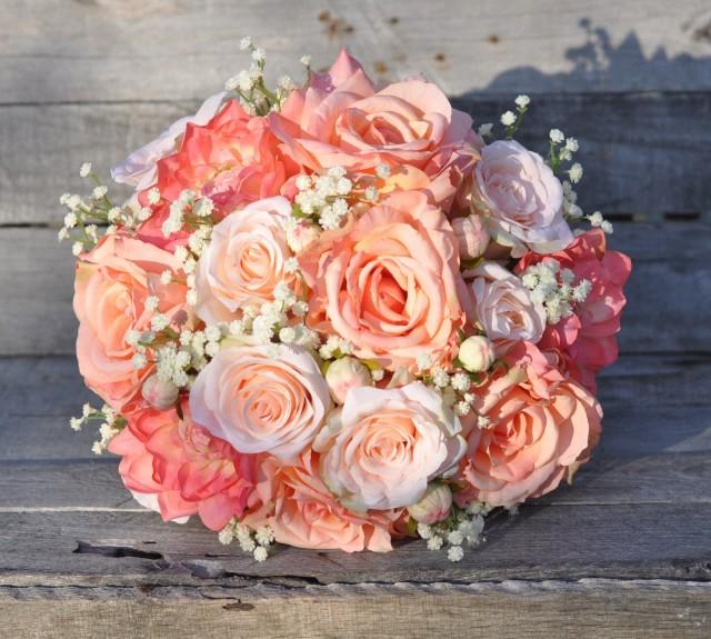 Peach Rose Wedding Bouquet, Silk Flower Bouquet made with Coral Roses, Peach Roses, Coral Dahlia&#39;s and Ivory Baby Breath.