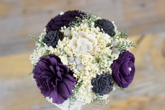 Bridesmaids Bouquet,Purple, Charcoal Grey, Violet Sola Flower Bouquet, Handmade Bouquet, Keepsake Bouquet, Alternative Bouquet