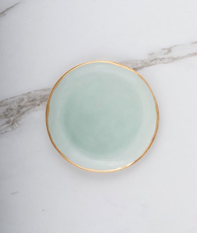 Handcrafted Organic Round Aqua Blue Jewelry/Ring Dish with Gold Rim