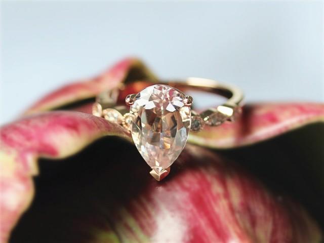 2.35ct Pear Shaped Light Peach Pink Morganite Engagement Ring 14K White Gold Morganite Diamond Ring Wedding Ring Aniversary Gift