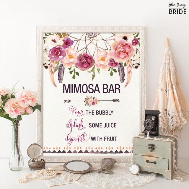 Printable MIMOSA BAR. Bohemian Bridal Shower Sign. Boho Floral Bridal Shower Decoration. Dreamcatcher Decor. Rustic Feathers. FLO13