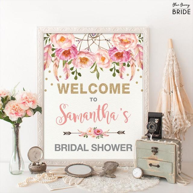 Floral Bridal Shower Welcome Sign. Pink Gold Bohemian Flowers. Boho Bridal Shower Decor. Pink Feathers Glitter Confetti. Dreamcatcher FLO12A